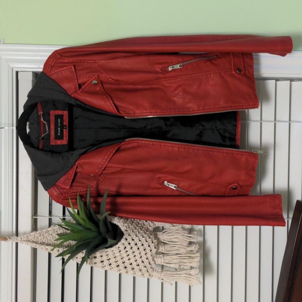 Black rivet red faux leather jacket size L